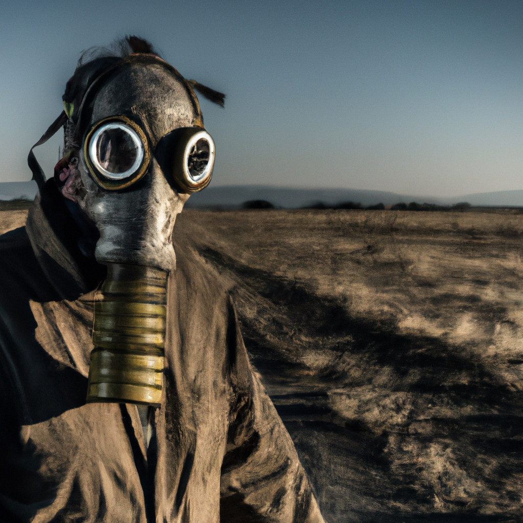 apocalypse survivor, male, wearing a gas mask, in a nuclear wasteland