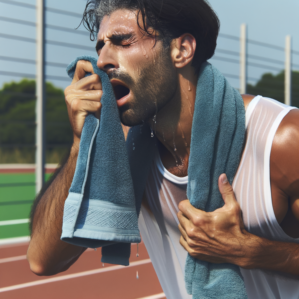 Create an image of a man exhausted from a strenuous run. The man is bent over and panting. The man is sweating and drying himself of with a hand towel.