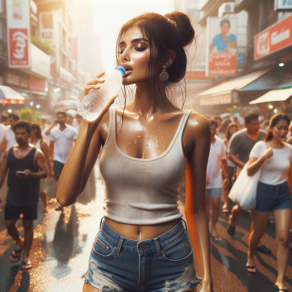 Create an image of a woman in a tank top and denim shorts experiencing extreme heat in a bustling city. The woman is sweating and drinking water.