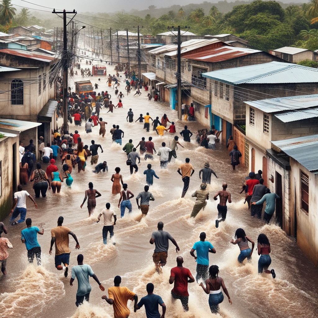 People scatter in the streets as the streets are flooded in a Jamaican slum.