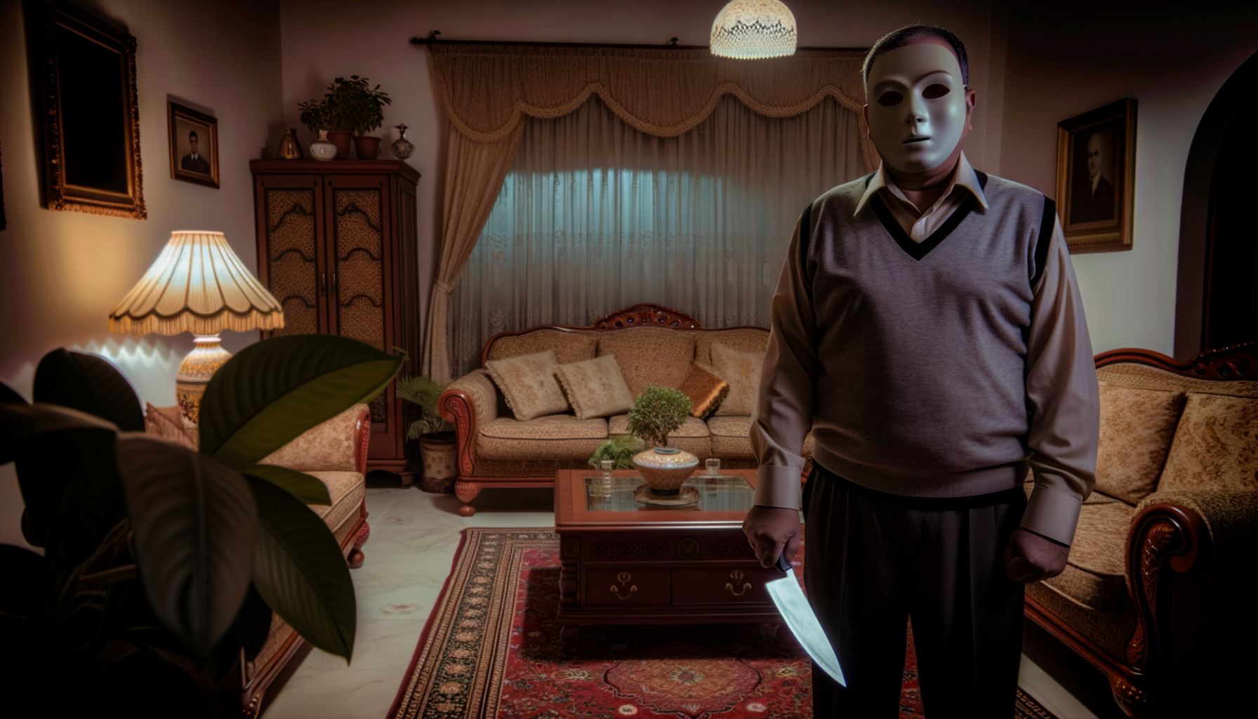 create natural-looking image of a masked man wielding a knife, setting is inside the living room of a house