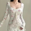 Sosana - Sleeveless / Long Sleeve Square-Neck Lace-Trim Floral Print Ruffled Slim-Fit Crop Tank Top - Image 2