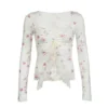 Sosana - Sleeveless / Long Sleeve Square-Neck Lace-Trim Floral Print Ruffled Slim-Fit Crop Tank Top - Image 6
