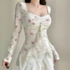 Sosana - Sleeveless / Long Sleeve Square-Neck Lace-Trim Floral Print Ruffled Slim-Fit Crop Tank Top - Image 8