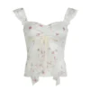 Sosana - Sleeveless / Long Sleeve Square-Neck Lace-Trim Floral Print Ruffled Slim-Fit Crop Tank Top - Image 4