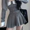 NENE - Strapless Two-Tone Buttoned Tube Top / High Waist Pleated Mini A-Line Skirt / Double-Breasted Chained Crop Blazer / Set - Image 5