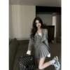 NENE - Strapless Two-Tone Buttoned Tube Top / High Waist Pleated Mini A-Line Skirt / Double-Breasted Chained Crop Blazer / Set - Image 6
