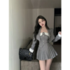 NENE - Strapless Two-Tone Buttoned Tube Top / High Waist Pleated Mini A-Line Skirt / Double-Breasted Chained Crop Blazer / Set