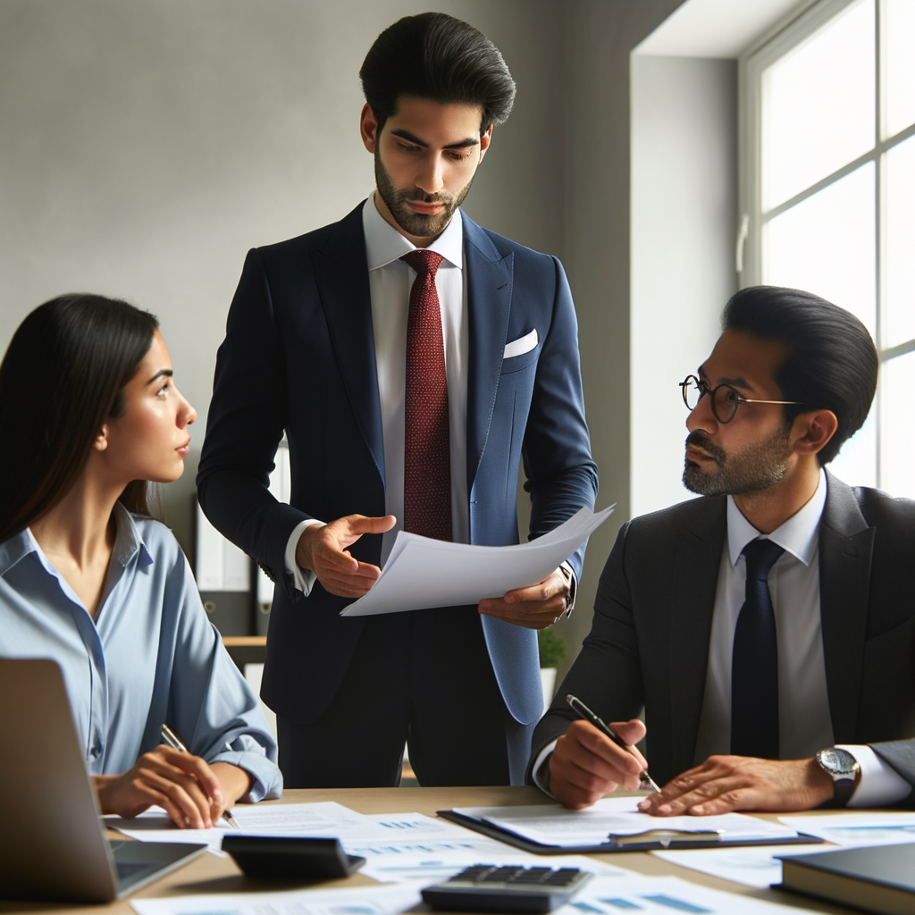 create an image of a man in formal clothes consulting a man and a woman on finances.