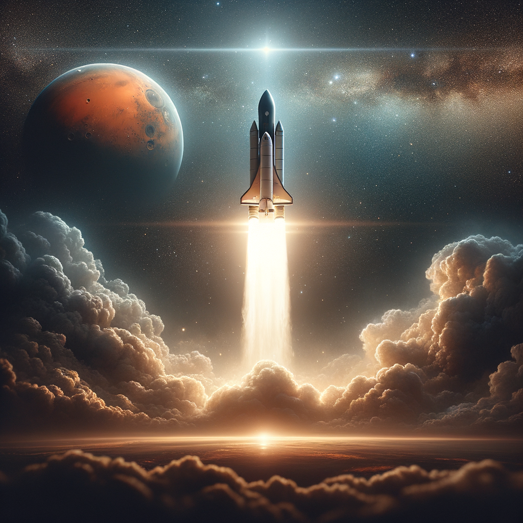 create an image of of a space rocket being launched and an image of Mars in the upper corner.