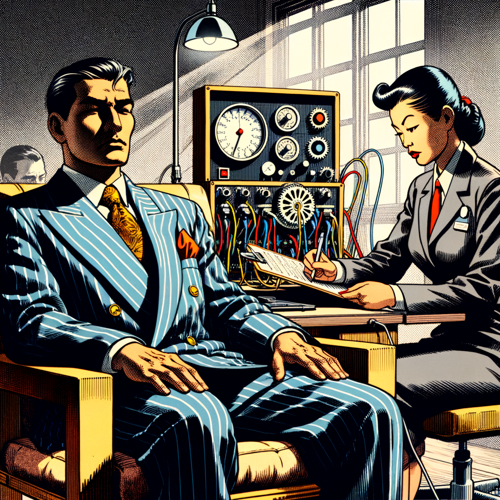 an image of a man in a suit sitting down on a chair and being administered a polygraph test.
