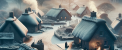 A small busy Celtic village in a winter evening.