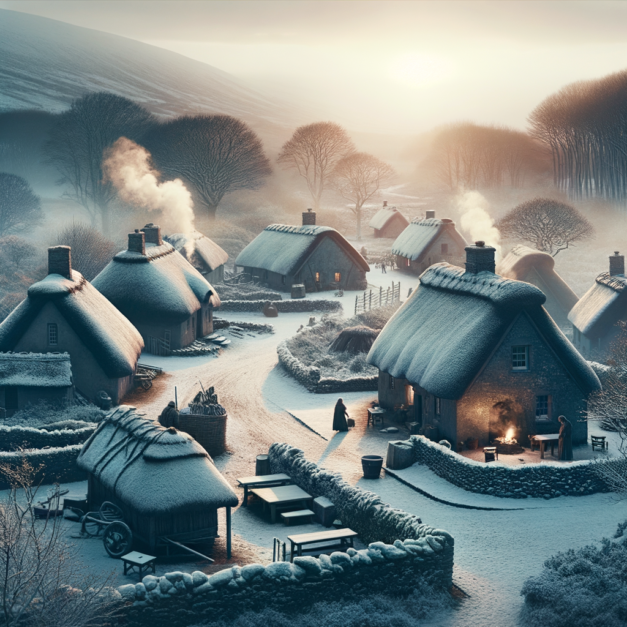 A small busy Celtic village in a winter evening.