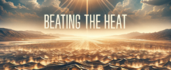 Create a banner of a desert background in extremely hot conditions with the phrase "Beating the Heat"across the center.