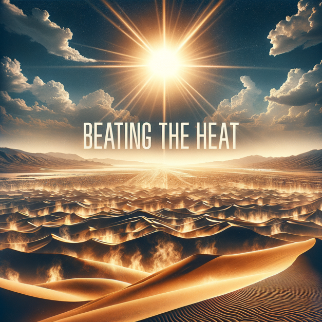 Create a banner of a desert background in extremely hot conditions with the phrase "Beating the Heat"across the center.