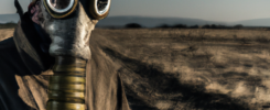 apocalypse survivor, male, wearing a gas mask, in a nuclear wasteland