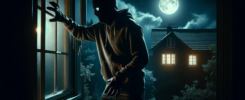 create an image of a masked person trying to break into a house through the window at night.