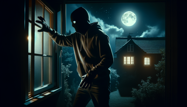 create an image of a masked person trying to break into a house through the window at night.